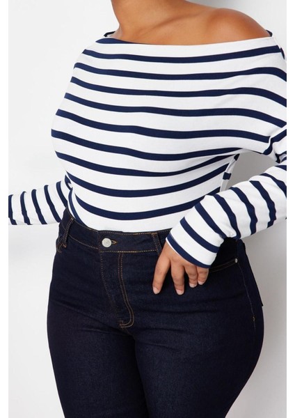 Moda Büyük Beden Kayık Yaka Örme Slim Çizgili Desen Casual Günlük Regular Uzun Kol Bluz indirimleri