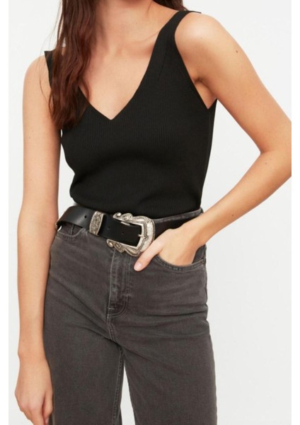 Moda V Yaka Triko Regular Düz Desen Casual Günlük Regular Askılı Kol Bluz