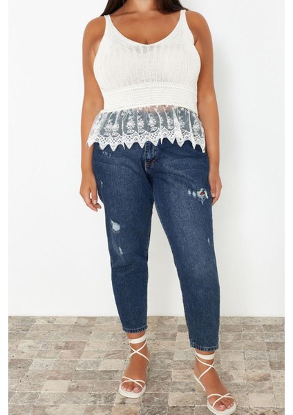Moda Büyük Beden V Yaka Triko Fit Ajurlu Desen Casual Günlük Regular Askılı Kol Bluz modelleri