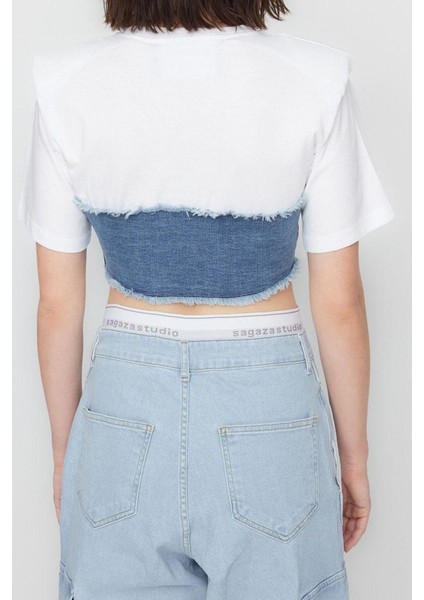 Moda Bisiklet Yaka Denim Fit Düz Desen Parti Regular Kısa Kol Bluz indirimleri