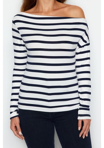 Moda Kayık Yaka Örme Slim Çizgili Desen Casual Günlük Regular Uzun Kol Bluz