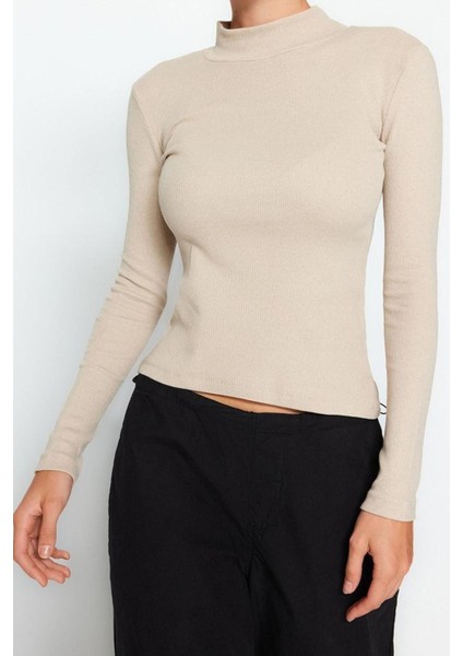 Moda Dik Yaka Örme Slim Düz Desen Casual Günlük Regular Uzun Kol Bluz