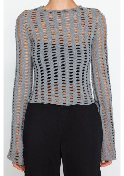 Moda Bisiklet Yaka Örme Regular Düz Desen Casual Günlük Crop Uzun Kol Bluz