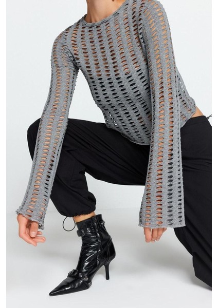 Moda Bisiklet Yaka Örme Regular Düz Desen Casual Günlük Crop Uzun Kol Bluz fırsatları