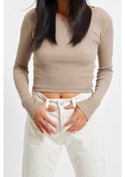 Moda Bisiklet Yaka Örme Slim Düz Desen Casual Günlük Crop Uzun Kol Bluz