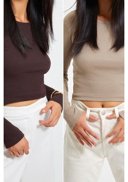 Moda Bisiklet Yaka Örme Slim Düz Desen Casual Günlük Crop Uzun Kol Bluz fiyatları