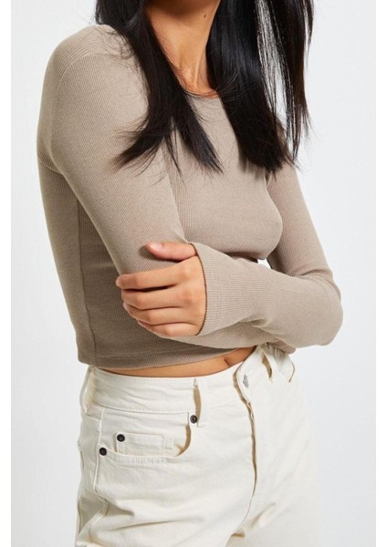 Moda Bisiklet Yaka Örme Slim Düz Desen Casual Günlük Crop Uzun Kol Bluz modelleri