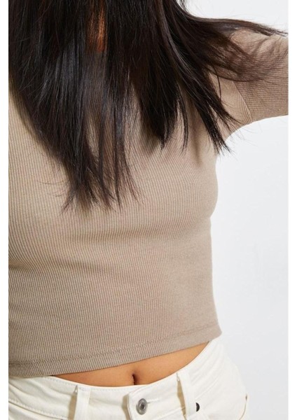 Moda Bisiklet Yaka Örme Slim Düz Desen Casual Günlük Crop Uzun Kol Bluz fırsatları