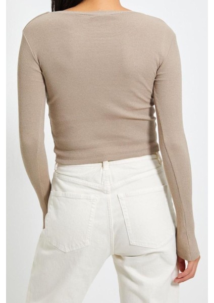 Moda Bisiklet Yaka Örme Slim Düz Desen Casual Günlük Crop Uzun Kol Bluz indirimleri