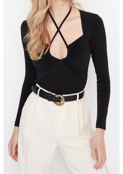 Moda Boyundan Bağlamalı Örme Slim Düz Desen Casual Günlük Regular Uzun Kol Bluz fiyatları