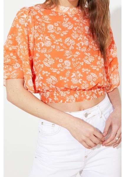 Moda Dik Yaka Dokuma Regular Çiçekli Desen Casual Günlük Regular Kısa Kol Bluz