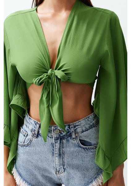 Moda V Yaka Dokuma Fit Düz Desen Plaj Crop Truvakar Kol Kol Bluz