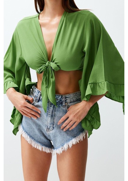 Moda V Yaka Dokuma Fit Düz Desen Plaj Crop Truvakar Kol Kol Bluz fiyatları