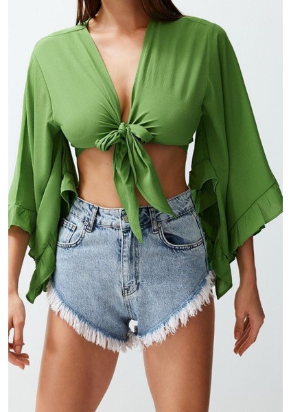 Moda V Yaka Dokuma Fit Düz Desen Plaj Crop Truvakar Kol Kol Bluz modelleri