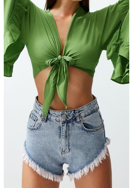 Moda V Yaka Dokuma Fit Düz Desen Plaj Crop Truvakar Kol Kol Bluz fırsatları