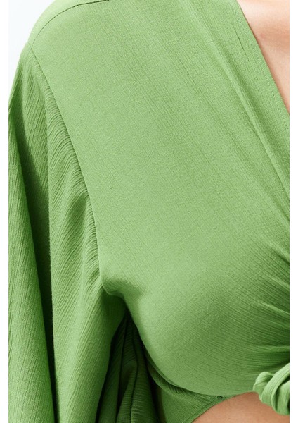 Moda V Yaka Dokuma Fit Düz Desen Plaj Crop Truvakar Kol Kol Bluz indirimleri