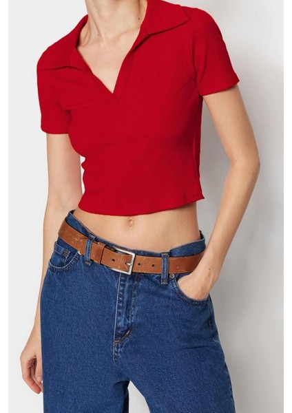 Moda Polo Yaka Örme Slim Slogan Desen Casual Günlük Crop Kısa Kol Bluz