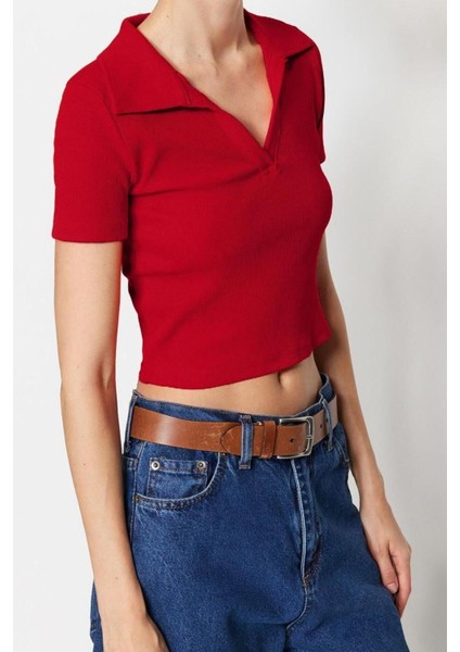 Moda Polo Yaka Örme Slim Slogan Desen Casual Günlük Crop Kısa Kol Bluz fiyatları