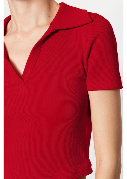 Moda Polo Yaka Örme Slim Slogan Desen Casual Günlük Crop Kısa Kol Bluz modelleri
