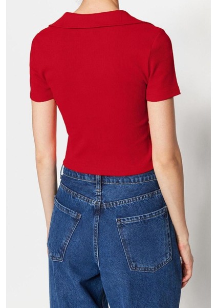 Moda Polo Yaka Örme Slim Slogan Desen Casual Günlük Crop Kısa Kol Bluz indirimleri