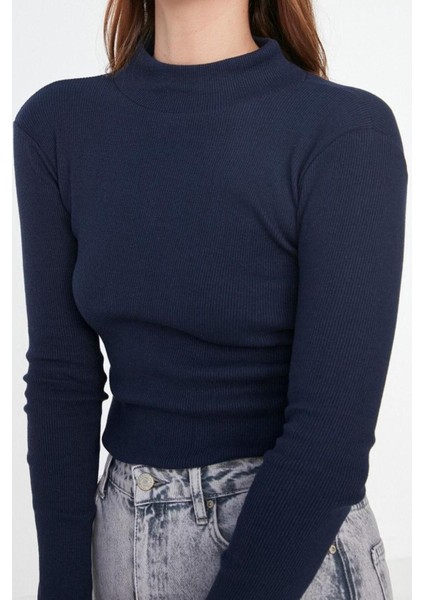 Moda Dik Yaka Örme Slim Düz Desen Casual Günlük Regular Uzun Kol Bluz