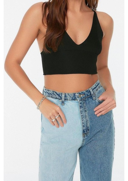 Moda V Yaka Triko Slim Düz Desen Casual Günlük Super Crop Askılı Kol Bluz