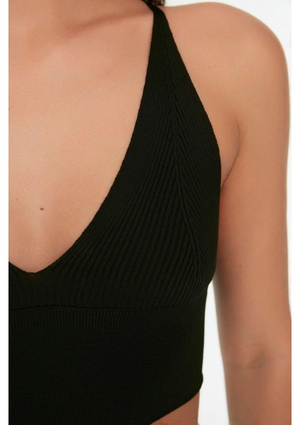 Moda V Yaka Triko Slim Düz Desen Casual Günlük Super Crop Askılı Kol Bluz