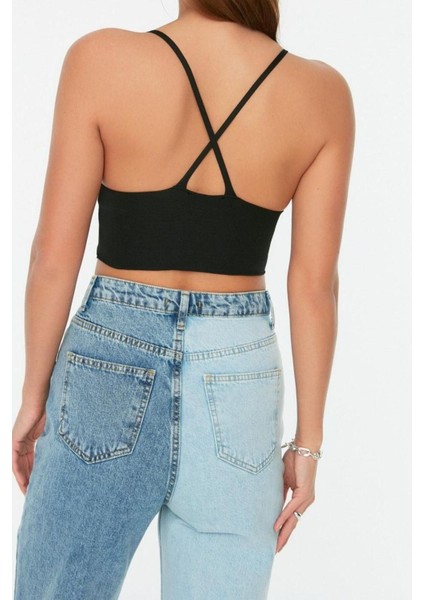 Moda V Yaka Triko Slim Düz Desen Casual Günlük Super Crop Askılı Kol Bluz