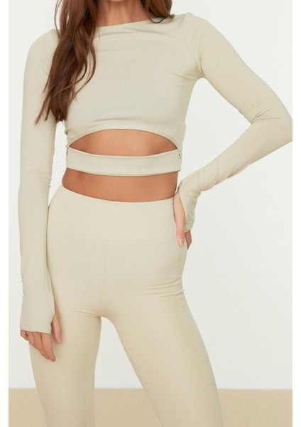 Moda Bisiklet Yaka Örme Fit Düz Desen Sportswear Crop Uzun Kol Bluz