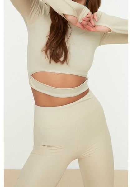 Moda Bisiklet Yaka Örme Fit Düz Desen Sportswear Crop Uzun Kol Bluz fiyatları