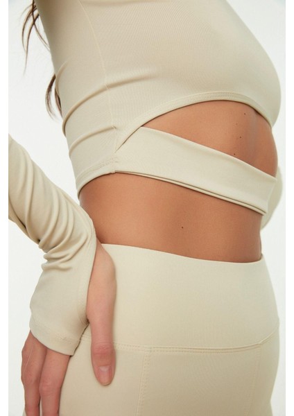 Moda Bisiklet Yaka Örme Fit Düz Desen Sportswear Crop Uzun Kol Bluz fırsatları