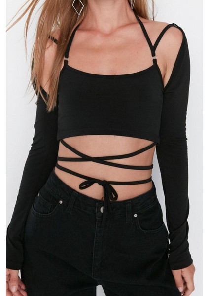Moda Kare Yaka Örme Slim Fit Düz Desen Şık Gece Crop Uzun Kol Bluz