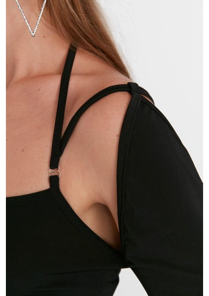 Moda Kare Yaka Örme Slim Fit Düz Desen Şık Gece Crop Uzun Kol Bluz fırsatları