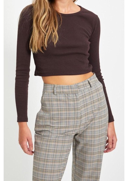Moda Havuz Yaka Örme Slim Düz Desen Casual Günlük Crop Uzun Kol Bluz
