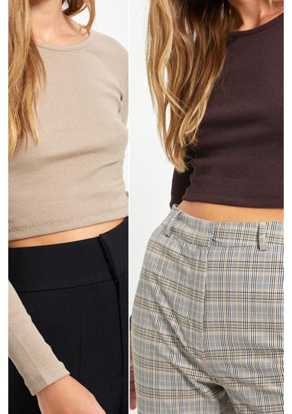 Moda Havuz Yaka Örme Slim Düz Desen Casual Günlük Crop Uzun Kol Bluz fiyatları