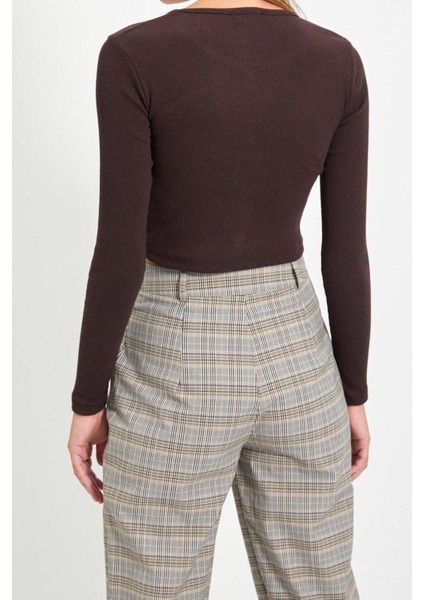 Moda Havuz Yaka Örme Slim Düz Desen Casual Günlük Crop Uzun Kol Bluz modelleri