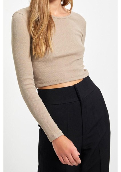 Moda Havuz Yaka Örme Slim Düz Desen Casual Günlük Crop Uzun Kol Bluz fırsatları