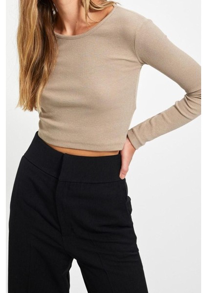 Moda Havuz Yaka Örme Slim Düz Desen Casual Günlük Crop Uzun Kol Bluz indirimleri