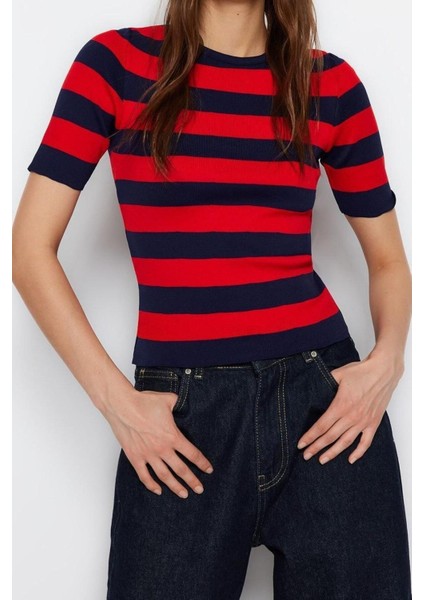 Moda Kare Yaka Triko Slim Çizgili Desen Casual Günlük Regular Kısa Kol Bluz modelleri