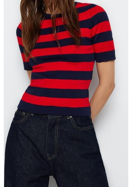 Moda Kare Yaka Triko Slim Çizgili Desen Casual Günlük Regular Kısa Kol Bluz fırsatları