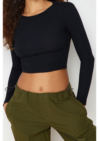 Moda Bisiklet Yaka Örme Slim Düz Desen Casual Günlük Crop Uzun Kol Bluz