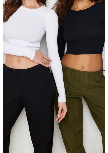 Moda Bisiklet Yaka Örme Slim Düz Desen Casual Günlük Crop Uzun Kol Bluz fiyatları