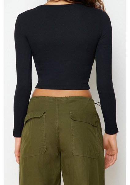 Moda Bisiklet Yaka Örme Slim Düz Desen Casual Günlük Crop Uzun Kol Bluz fırsatları