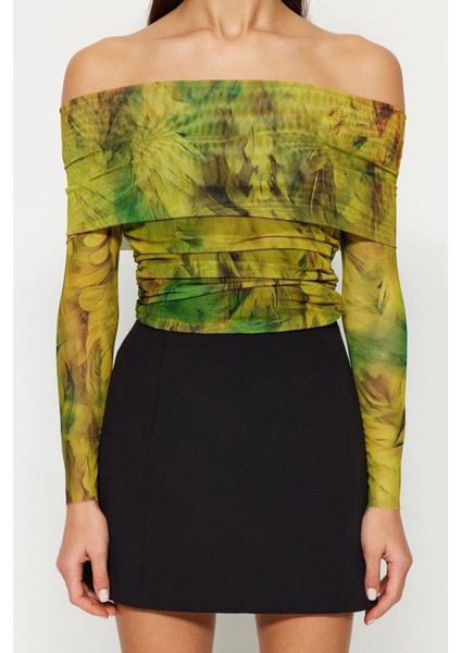 Moda Carmen Yaka Örme Slim Fit Çiçekli Desen Şık Gece Crop Uzun Kol Bluz