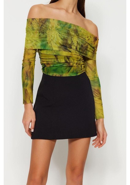 Moda Carmen Yaka Örme Slim Fit Çiçekli Desen Şık Gece Crop Uzun Kol Bluz