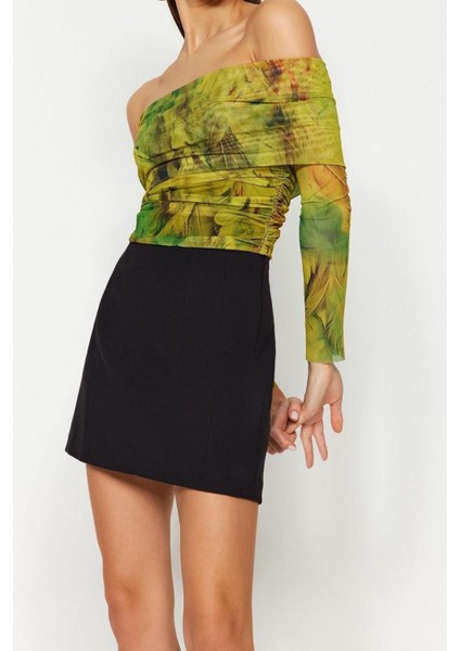 Moda Carmen Yaka Örme Slim Fit Çiçekli Desen Şık Gece Crop Uzun Kol Bluz
