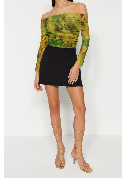 Moda Carmen Yaka Örme Slim Fit Çiçekli Desen Şık Gece Crop Uzun Kol Bluz