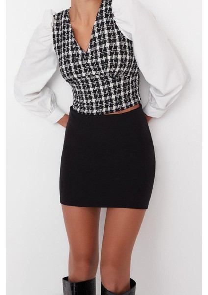 Moda V Yaka Dokuma Regular Ekose / Kareli Desen Resmi Crop Uzun Kol Bluz