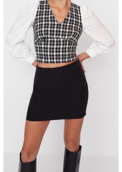 Moda V Yaka Dokuma Regular Ekose / Kareli Desen Resmi Crop Uzun Kol Bluz
