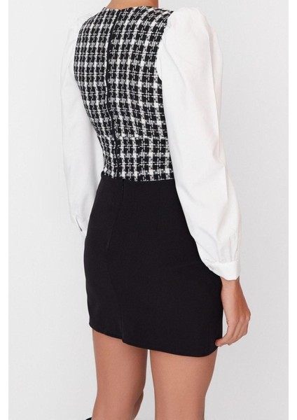 Moda V Yaka Dokuma Regular Ekose / Kareli Desen Resmi Crop Uzun Kol Bluz